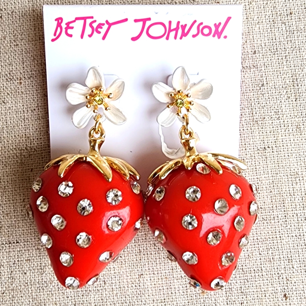 Betsey Johnson Gold Rhinestone Strawberry Dangle Earrings New